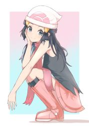 Rule 34 | 1girl, beanie, black hair, black socks, blush, boots, closed mouth, commentary request, creatures (company), dawn (pokemon), eyelashes, full body, game freak, grey eyes, hair ornament, hairclip, hat, highres, long hair, looking at viewer, nintendo, pink footwear, pokemon, pokemon dppt, smile, socks, solo, squatting, uji (966qrr), white hat