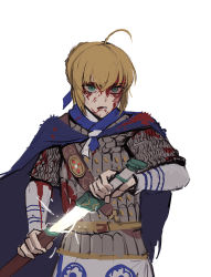 Rule 34 | 1girl, absurdres, ahoge, alternate costume, armor, artoria pendragon (all), artoria pendragon (fate), blonde hair, blood, blood on clothes, blood on face, blue cape, blue ribbon, braid, cape, chainmail, cowboy shot, fate/stay night, fate (series), french braid, gladius, greco-roman clothes, hair between eyes, highres, jason kim, lamellar armor, ribbon, roman clothes, saber (fate), sheath, solo, unsheathing, white background