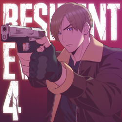 Rule 34 | 1boy, andrian januar adilia, black gloves, black shirt, blue eyes, brown hair, brown jacket, finger on trigger, fingerless gloves, gloves, gun, handgun, highres, holding, holding gun, holding weapon, indonesian commentary, jacket, leon s. kennedy, long sleeves, open clothes, open jacket, parted lips, resident evil, resident evil 4, resident evil 4 (remake), shirt, short hair, solo, upper body, weapon, weapon request