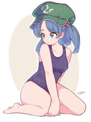 Rule 34 | 1girl, artist name, bare arms, bare legs, bare shoulders, barefoot, black one-piece swimsuit, blue eyes, blue hair, closed mouth, collarbone, commentary, dated, flat cap, full body, green hat, hair bobbles, hair ornament, hamriku, hat, highres, kawashiro nitori, medium hair, one-piece swimsuit, school swimsuit, signature, solo, swimsuit, touhou, two side up
