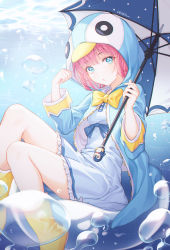 Rule 34 | 1girl, absurdres, animal hood, aqua dress, aqua jacket, blue eyes, blush, boots, bow, bubble, clenched hand, commentary request, dress, eyebrows hidden by hair, feet out of frame, frilled dress, frills, hands up, highres, holding, holding umbrella, hood, hood up, jacket, long sleeves, looking at viewer, medium hair, original, parasol, parted lips, peng kun, penguin hood, pink hair, raincoat, sidelocks, sitting, solo, umbrella, underwater, wide sleeves, yellow bow, yellow footwear