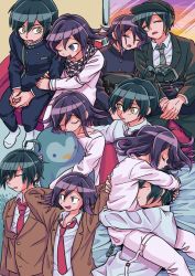 Rule 34 | 2boys, 2gyks, :o, ahoge, bag, black bag, black hair, black jacket, black pants, black scarf, brown jacket, buttons, checkered clothes, checkered scarf, closed eyes, danganronpa (series), danganronpa v3: killing harmony, hugging doll, double-breasted, drooling, from above, hair between eyes, head hug, holding, holding stuffed toy, hug, jacket, long sleeves, looking at another, lying, multicolored hair, multiple boys, multiple views, necktie, hugging object, on side, one eye closed, open mouth, oma kokichi, pants, purple hair, red necktie, saihara shuichi, scarf, shirt, sleeping, striped necktie, stuffed animal, stuffed penguin, stuffed toy, two-tone hair, white jacket, white pants, white scarf, white shirt, yaoi