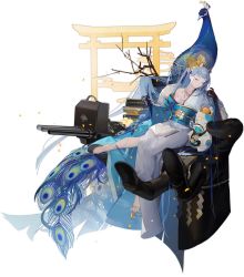Rule 34 | 1girl, absurdly long hair, azur lane, barefoot, bird, black gloves, blue eyes, blue hair, blue sash, blurry, blurry background, book, bow, breasts, budget sarashi, cannon, champagne (azur lane), champagne (lapis lazuli&#039;s first dream) (azur lane), closed eyes, fake horns, full body, fur scarf, gloves, gold trim, hair in own mouth, highres, holding, holding pen, horns, japanese clothes, kimono, long hair, manjuu (azur lane), mechanical hands, nib pen (object), nineo, nose bubble, official alternate costume, official art, open book, peacock, pen, sarashi, sash, single bare shoulder, single mechanical hand, small breasts, smile, solo, transparent background, very long hair, white kimono, yellow bow