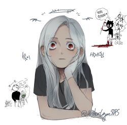 1boy 1girl :3 arthurlogansdps black_shirt blood commentary_request crowbar drawn_halo grey_hair halo holding holding_crowbar korean_commentary korean_text long_hair looking_at_viewer original red_eyes shirt translation_request white_background