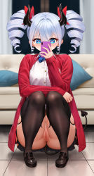 Rule 34 | 1girl, absurdres, bad id, bad pixiv id, black footwear, black horns, black thighhighs, blouse, blue bow, blue bowtie, blush, bow, bowtie, breasts, buttons, cardigan, cellphone, censored, cleft of venus, collared shirt, commentary, couch, cross, cross earrings, curtains, demon girl, demon horns, demon tail, diagonal-striped bow, dress shirt, drill hair, earrings, english commentary, eyelashes, fingernails, hair between eyes, hair bow, heart, heart-shaped pupils, highres, holding, holding phone, horns, indoors, jewelry, loafers, long fingernails, long sleeves, miniskirt, mosaic censoring, nail polish, night, niliu chahui, no panties, obaoba (monkeyix), open cardigan, open clothes, original, phone, pillow, pink nails, plaid, plaid skirt, pleated skirt, pussy, red bow, red cardigan, school uniform, selfie, shione (niliu chahui), shirt, shoes, short hair, skirt, smartphone, solo, squatting, striped bow, striped bowtie, striped clothes, symbol-shaped pupils, tail, taking picture, thighhighs, thighs, tile floor, tiles, twin drills, underwear, white shirt, window, wing collar