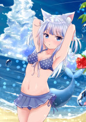 Rule 34 | 1girl, adjusting hair, animal ears, armpits, arms behind head, arms up, beach, bikini, blue bikini, blue eyes, blue sky, blunt bangs, breasts, cat ears, cleavage, cloud, cloudy sky, collarbone, commentary request, fins, fish tail, flower, gawr gura, hololive, hololive english, horizon, kemonomimi mode, long hair, looking at viewer, m ko (maxft2), medium breasts, midriff, navel, ocean, parted lips, pleated skirt, polka dot, polka dot bikini, side-tie bikini bottom, sidelocks, silver hair, skirt, sky, solo, swimsuit, tail, thighs, virtual youtuber, water drop
