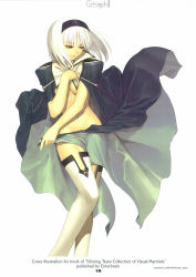 Rule 34 | 1girl, albino, blanc neige, blue gemstone, breasts, breasts apart, cape, copyright name, covering breasts, covering privates, dated, gem, hair between eyes, hair ornament, half-closed eyes, highres, holding, holding cape, holding clothes, legs, legs together, long legs, medium breasts, midriff, navel, no bra, no panties, nude cover, popped collar, red eyes, scan, sega, shining (series), shining tears, simple background, solo, standing, thighhighs, tony taka, white background, white hair, white thighhighs