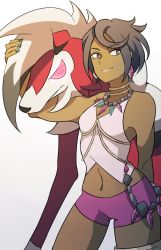 Rule 34 | 1girl, alpakappa, aqua nails, arm behind back, bare shoulders, black eyes, black hair, breasts, bright pupils, closed mouth, cowboy shot, creatures (company), dark-skinned female, dark skin, diamond (shape), earrings, elite four, fingernails, game freak, gem, gen 7 pokemon, highres, island kahuna, jewelry, long fingernails, looking away, looking to the side, lycanroc, lycanroc (midnight), nail polish, navel, neck ring, necklace, nintendo, olivia (pokemon), pink eyes, pink lips, pink shirt, pokemon, pokemon (creature), pokemon sm, purple shorts, ringed eyes, shirt, short hair, shorts, simple background, small breasts, smile, standing, tank top, thigh strap, white background, wolf