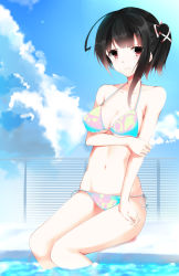Rule 34 | 1girl, bad id, bad pixiv id, bikini, black hair, breast hold, breasts, cleavage, cloud, day, fence, frown, haori io, highres, iori (cpeilad), looking at viewer, medium breasts, navel, original, outdoors, partially submerged, pool, poolside, red eyes, short hair, side-tie bikini bottom, side ponytail, sitting, sky, soaking feet, solo, strap gap, swimsuit, water