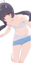 Rule 34 | 1girl, barefoot, black hair, blue archive, blue bra, blue panties, blue shorts, bra, breasts, closed mouth, clothes pull, collarbone, commentary, grey halo, halo, highres, hiroki (yyqw7151), long hair, low twintails, miyu (blue archive), panties, red eyes, shorts, shorts pull, simple background, small breasts, solo, thighs, twintails, underwear, white background