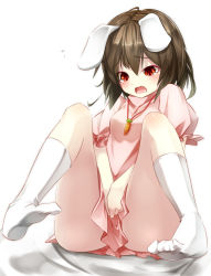 Rule 34 | 1girl, animal ears, blush, carrot, covering privates, covering crotch, dress, fang, gorilla (bun0615), highres, inaba tewi, open mouth, rabbit ears, red eyes, short hair, simple background, socks, solo, tears, touhou, white background, white socks