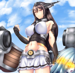Rule 34 | 10s, 2girls, breasts, brown hair, elbow gloves, fingerless gloves, gloves, highres, kantai collection, large breasts, long hair, looking at viewer, midriff, miniskirt, multiple girls, nagato (kancolle), navel, pleated skirt, red eyes, serious, skirt, ta-class battleship, yui.h