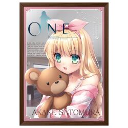 Rule 34 | 1girl, blonde hair, blush, bow hairband, braid, camisole, comiket 102, commentary request, english text, green eyes, hairband, hinoue itaru, holding, holding stuffed toy, indoors, long hair, looking at viewer, official art, one - kagayaku kisetsu e, open mouth, pajamas, pink hair, satomura akane, smile, solo, striped clothes, striped pajamas, stuffed animal, stuffed toy, teddy bear, upper body