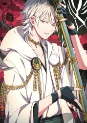 Rule 34 | 10s, 1boy, black gloves, chain, cloak, collarbone, daenarys, floral background, flower, gloves, grin, half-closed eyes, hood, japanese clothes, jewelry, katana, long sleeves, long sword, looking to the side, male focus, necklace, parted lips, partially fingerless gloves, rose, sash, smile, solo, sword, touken ranbu, tsurumaru kuninaga, upper body, weapon, white hair, wide sleeves, yellow eyes