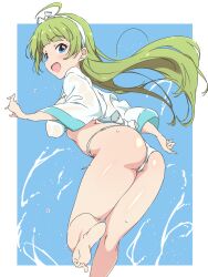 Rule 34 | 1girl, ahoge, ass, barefoot, blue background, blue eyes, commentary request, fundoshi, green hair, highres, idolmaster, idolmaster million live!, japanese clothes, long hair, looking at viewer, open mouth, shimabara elena, smile, soles, solo, two-tone background, umanosuke