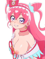 Rule 34 | 1girl, bare shoulders, blush, bow, breasts, choker, cure precious, delicious party precure, dress, hair bow, hairband, himokawa udon, large breasts, long hair, looking at viewer, magical girl, nagomi yui, nipples, one breast out, pink hair, precure, purple eyes, simple background, smile, solo, upper body, white background