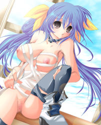Rule 34 | 1girl, arc system works, armpits, bandages, bare shoulders, blue hair, boots, bow, breasts, censored, choker, dizzy (guilty gear), female focus, guilty gear, hair bow, indoors, large breasts, long hair, mosaic censoring, nipples, no bra, no panties, open mouth, pink eyes, pussy, sitting, sky, solo, thighhighs, twintails, very long hair