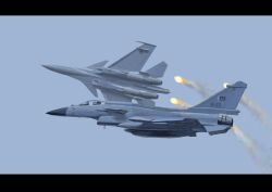 Rule 34 | absurdres, aircraft, airplane, fighter jet, flares (countermeasure), highres, indian air force, j-10, jet, military vehicle, mirroraptor, original, pakistan air force, sky, su-30, vehicle focus