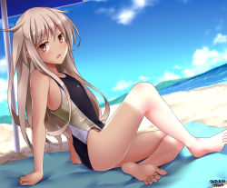 Rule 34 | 1girl, alternate costume, arm support, bare arms, bare legs, bare shoulders, barefoot, beach, beach towel, beach umbrella, black one-piece swimsuit, blonde hair, blue sky, brown eyes, cloud, commentary request, commission, competition swimsuit, dated, day, feet, horizon, kantai collection, kikuzuki (kancolle), long hair, looking at viewer, ocean, one-piece swimsuit, open mouth, outdoors, sand, sitting, skeb commission, sky, soles, solo, swimsuit, towel, tsuchimiya, umbrella, water