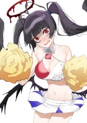 Rule 34 | 1girl, alternate hairstyle, black hair, black wings, blue archive, blush, breasts, cheerleader, cleavage, cowboy shot, detached collar, halo, halterneck, head tilt, holding, holding pom poms, large breasts, long hair, looking at viewer, melting halo, millennium cheerleader outfit (blue archive), miniskirt, open mouth, pleated skirt, pom pom (cheerleading), pom poms, red eyes, sharp teeth, skirt, solo, sports bra, suruga kreuz, sweat, teeth, tsurugi (blue archive), twintails, wavy mouth, wide-eyed, wings