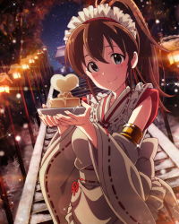 Rule 34 | 10s, 1girl, blue eyes, brown hair, detached sleeves, food, idolmaster, idolmaster million live!, looking at viewer, maid headdress, nontraditional miko, official art, ponytail, satake minako, smile, snowing, solo