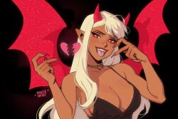 Rule 34 | 1girl, absurdres, artist name, bare shoulders, bat wings, black background, black dress, breasts, broken heart, cherry (manda schank), choker, cleavage, collarbone, cross-shaped pupils, demon girl, demon horns, dress, fangs, fingernails, heart, heart choker, highres, horns, long hair, looking at viewer, manda schank, original, pointy ears, red eyes, sharp fingernails, simple background, sleeveless, sleeveless dress, solo, symbol-shaped pupils, tongue, tongue out, upper body, white hair, wings