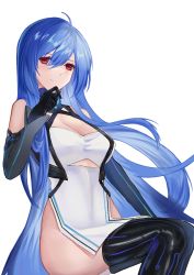 Rule 34 | 1girl, azur lane, black gloves, black thighhighs, blue hair, breasts, cleavage, commentary, dress, elbow gloves, gloves, hair between eyes, hand on own chin, helena (azur lane), helena (meta) (azur lane), hua miao (srrs7842), long hair, looking at viewer, medium breasts, no panties, pelvic curtain, red eyes, simple background, solo, stroking own chin, thighhighs, very long hair, white background, white dress