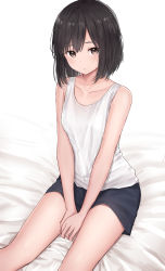 Rule 34 | 1girl, akipeko, bare arms, bare shoulders, bed sheet, between legs, black shorts, bob cut, breasts, brown hair, collarbone, commentary request, highres, looking at viewer, original, shirt, short hair, short shorts, shorts, simple background, sitting, sleeveless, sleeveless shirt, small breasts, solo, tank top, thighs, v arms, white background, white shirt, white tank top