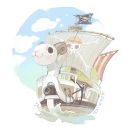 Rule 34 | anchor, artist name, bad source, blush, cannon, cloud, commentary, english commentary, fairyapple, flag, going merry, gradient background, jolly roger, mast, no humans, ocean, one piece, pirate ship, prow, sailing ship, ship, sky, straw hats jolly roger, tree, veil, watercraft
