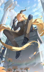 Rule 34 | absurdres, animal ears, arknights, black footwear, black gloves, blonde hair, blue sky, boots, breasts, brown jacket, brown pants, closed mouth, day, degenbrecher (arknights), flower, from below, gloves, goat ears, goat girl, goat horns, high heel boots, high heels, highres, holding, holding sword, holding weapon, horns, jacket, large breasts, long hair, long sleeves, looking at viewer, outdoors, pants, petals, pillar, sky, sword, very long hair, weapon, yellow eyes, yellow flower, yzbr
