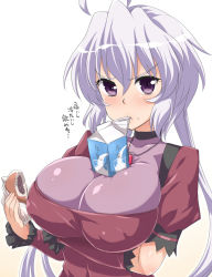 Rule 34 | 1girl, ahoge, annoyed, anpan, arm under breasts, black choker, black frills, blush, breast hold, breasts, bubble tea challenge, choker, closed mouth, collarbone, covered erect nipples, deep skin, detached sleeves, dress, embarrassed, food, frilled sleeves, frills, hair between eyes, hair intakes, highres, holding, holding food, jewelry, juliet sleeves, large breasts, long hair, long sleeves, looking at viewer, low twintails, milk carton, mouth hold, no bra, object on breast, pendant, puffy sleeves, purple dress, purple eyes, see-through, senki zesshou symphogear, simple background, skindentation, solo, twintails, upper body, v-shaped eyebrows, white background, white hair, yoshi tama, yukine chris