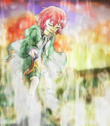Rule 34 | androgynous, danmaku, evanescent existence, closed eyes, floating, gender request, hood, hooded jacket, jacket, len&#039;en, michi201411, necktie, pointing, red hair, shitodo hooaka, short hair, shorts, smile, solo