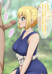 Rule 34 | 1boy, 1girl, aqua eyes, blonde hair, breasts, censored, clothed female nude male, dr. stone, erection, fellatio, from side, hetero, highres, kohaku (dr. stone), large breasts, long hair, mosaic censoring, nude, oral, outdoors, penis, solo focus, translation request
