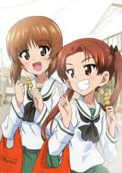 Rule 34 | :d, bag, black bow, black neckerchief, blouse, blurry, blurry background, bow, brown eyes, brown hair, carrying, commentary, dango, day, depth of field, food, girls und panzer, green skirt, grin, grocery bag, hair bow, holding, holding food, index finger raised, kadotani anzu, kanau, long hair, long sleeves, looking at another, looking at viewer, neckerchief, nishizumi miho, ooarai school uniform, open mouth, outdoors, parted bangs, pleated skirt, sailor collar, school uniform, serafuku, shirt, shopping bag, short hair, skirt, smile, twintails, wagashi, white sailor collar, white shirt