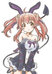 Rule 34 | 1girl, :o, ahoge, alternate costume, alternate hairstyle, animal ears, bare shoulders, black dress, blush, bow, breasts, collarbone, cowboy shot, curled horns, demon girl, demon horns, demon tail, dress, dress bow, ehime (ehime mikan), fake animal ears, female focus, frills, gothic lolita, highres, horns, large breasts, lolita fashion, long hair, looking at viewer, machikado mazoku, off-shoulder dress, off shoulder, open mouth, petite, purple bow, rabbit ears, red hair, simple background, solo, tail, twintails, two-tone dress, white background, white dress, yellow eyes, yoshida yuuko (machikado mazoku)