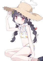 Rule 34 | 1girl, bare arms, bare legs, bare shoulders, bikini, black footwear, black hair, blue archive, blush, braid, cram960, crocs, flat chest, grey halo, halo, hat, highres, leaf print, long hair, miyu (blue archive), miyu (swimsuit) (blue archive), navel, official alternate costume, open mouth, print bikini, red eyes, simple background, solo, straw hat, swimsuit, twin braids, white background, white bikini