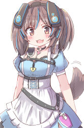 Rule 34 | 1girl, absurdres, apron, blue dress, blue hair, breasts, brown eyes, brown hair, cleavage, collarbone, commentary request, dog girl, dress, frilled apron, frills, heart, highres, hololive, inugami korone, inugami korone (wonderland), keyhole, medium breasts, motion lines, multicolored hair, puffy short sleeves, puffy sleeves, short eyebrows, short sleeves, simple background, solo, streaked hair, thick eyebrows, twintails, umberblack, virtual youtuber, white apron, white background