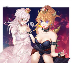 Rule 34 | &gt; &lt;, 2girls, alternate color, alternate eye color, artist name, bare shoulders, black nails, blonde hair, blue leotard, blush, blush stickers, boo (mario), border, bowsette, bracelet, breasts, brown eyes, choker, cleavage, collar, covering face, cowboy shot, diamond (gemstone), dress, earrings, frilled choker, frilled dress, frills, hair between eyes, hand up, hip focus, interlocked fingers, jewelry, leotard, light smile, long hair, long tongue, looking down, luigi&#039;s mansion, mario (series), medium breasts, multiple girls, nail polish, new super mario bros. u deluxe, night, night sky, nintendo, nose blush, outside border, own hands together, pendant, pink clouds, pink sky, ponytail, princess king boo, puffy short sleeves, puffy sleeves, purple eyes, r2mpt, sharp teeth, shiny clothes, shiny skin, short hair, short sleeves, shy, sidelocks, sky, smile, spiked bracelet, spiked collar, spiked shell, spiked tail, spikes, strapless, strapless leotard, sunset, super crown, tail, teeth, thighs, tongue, tongue out, torn clothes, twilight, very long hair, waist cape, white border, white choker, white dress