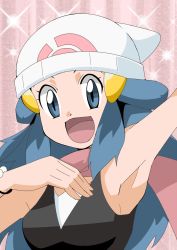 Rule 34 | 1girl, armpits, blue eyes, blue hair, breasts, creatures (company), dawn (pokemon), game freak, hainchu, happy, hat, looking at viewer, matching hair/eyes, nintendo, open mouth, pokemon, small breasts, smile, solo