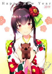 Rule 34 | 1girl, 2019, animal, animal hug, azuma yuki, blush, boar, bow, brown hair, checkered bow, checkered clothes, closed mouth, english text, floral print, flower, green bow, hair between eyes, hair bow, hair flower, hair ornament, happy new year, japanese clothes, kimono, long hair, long sleeves, new year, original, print kimono, red eyes, red flower, sidelocks, signature, smile, solo, striped, striped bow, twitter username, upper body, white background, white kimono, wide sleeves