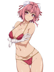 Rule 34 | 1girl, ahoge, arms under breasts, bandaged arm, bandages, bikini, blush, breast hold, breasts, cleavage, closed mouth, collarbone, commentary request, covered erect nipples, cowboy shot, double bun, eyelashes, groin, hair bun, highres, ibaraki kasen, large breasts, looking at viewer, navel, ootsuki wataru, pink eyes, pink hair, red bikini, shiny skin, simple background, solo, stomach, string bikini, sweatdrop, swimsuit, thighs, touhou, twitter username, white background