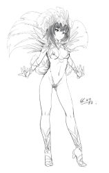 Rule 34 | 1girl, absurdres, arknights, breasts, cleavage, commentary request, dated, feather hair ornament, feathers, full body, gluteal fold, greyscale, hair ornament, hat, high heels, highres, la pluma (arknights), looking at viewer, medium breasts, monochrome, navel, navel piercing, parted lips, piercing, revealing clothes, samba, short hair, simple background, solo, standing, white background, zarathuta