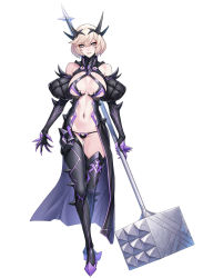 Rule 34 | 00s, 1girl, armor, ban! (bansankan), bare shoulders, bikini, bikini armor, blonde hair, boots, breasts, cleavage, crown, full body, grey eyes, hair ornament, hammer, highres, holding, holding weapon, large breasts, light brown hair, lilith-soft, looking at viewer, navel, navel piercing, oversized object, piercing, revealing clothes, shiny skin, short hair, side-tie bikini bottom, simple background, smile, swimsuit, taimanin (series), taimanin asagi, taimanin asagi kessen arena, taimanin rpgx, thong, weapon, white background, wight (taimanin asagi)
