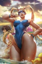 Rule 34 | 2girls, :o, alternate costume, artist request, blonde hair, blue eyes, blurry, blurry background, breasts, carnivore comics, competition swimsuit, curvy, highres, large breasts, lips, long hair, mask, multiple girls, one-piece swimsuit, open mouth, rainbow mika, street fighter, swimsuit, twintails, water, wet