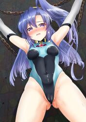 Rule 34 | 1girl, absurdres, armpits, arms up, blue eyes, blue hair, blush, breasts, cameltoe, chain, cleft of venus, covered erect nipples, elbow gloves, gloves, gluteal fold, highres, kazanari tsubasa, koju511, long hair, medium breasts, nose blush, open mouth, ponytail, pussy juice, restrained, senki zesshou symphogear, skin tight, solo