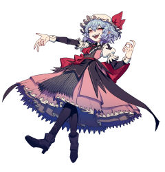 Rule 34 | 1girl, ascot, black dress, black footwear, black pantyhose, boots, bow, breasts, dress, dress bow, fangs, grey hair, hand up, hat, hat bow, hat ribbon, highres, juliet sleeves, long sleeves, looking at viewer, medium hair, midair, mob cap, multicolored clothes, multicolored dress, nail polish, nyong nyong, outstretched arm, pantyhose, pink dress, pink nails, puffy sleeves, red ascot, red bow, red eyes, red ribbon, remilia scarlet, ribbon, simple background, slit pupils, small breasts, smile, solo, teeth, touhou, upper teeth only, wavy hair, white background, white dress, white hat