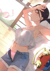 Rule 34 | 1girl, alarm clock, arm up, armpits, bare shoulders, black hair, bra, unworn bra, breasts, clock, collarbone, commentary request, crop top, curtains, cutout above navel, day, denim, denim shorts, dutch angle, from side, hand on forehead, highres, hot, indoors, large breasts, lens flare, looking at viewer, looking to the side, lying, medium breasts, on back, onodera (einsatz), open clothes, open fly, open shorts, original, outstretched arm, panties, parted lips, pink bra, pink panties, railing, red eyes, short hair, shorts, side ponytail, sideways glance, sleeveless, solo, stomach, sunlight, sweat, thighhighs, underwear