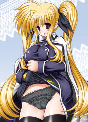 Rule 34 | 00s, 1girl, black panties, black thighhighs, blonde hair, blush, bow, bow panties, breasts, cameltoe, clothes lift, fate testarossa, fate testarossa (impulse form), female focus, frilled panties, frills, gloves, hair ribbon, long hair, lyrical nanoha, mahou shoujo lyrical nanoha, panties, raidon, red eyes, ribbon, skirt, skirt lift, solo, thighhighs, twintails, underwear, very long hair