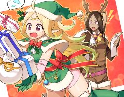 Rule 34 | 2girls, absurdres, ahoge, alternate costume, animal ears, bell, betabetamaru, blonde hair, boots, bow, box, brown gloves, brown hair, christmas, commission, dress, dropping, fake antlers, fingerless gloves, fire emblem, fire emblem awakening, fur trim, gift, gift box, gloves, green dress, green gloves, green headwear, highres, holding, holding paper, holding sack, long hair, multiple girls, nintendo, nowi (fire emblem), open mouth, panne (fire emblem), paper, pink eyes, pointy ears, ponytail, rabbit ears, red bow, sack, skeb commission, thigh boots, twitter username