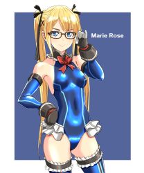 Rule 34 | 1girl, adjusting eyewear, bare shoulders, black-framed eyewear, black ribbon, blonde hair, blue eyes, blue leotard, blue one-piece swimsuit, blue thighhighs, character name, commentary request, covered navel, dead or alive, dead or alive 6, detached sleeves, frilled leotard, frills, glasses, hair ornament, hair ribbon, hand on own hip, hand up, leotard, long hair, looking at viewer, marie rose, one-piece swimsuit, ribbon, standing, swimsuit, thighhighs, twintails, two-tone background, user hpzg5374, x hair ornament